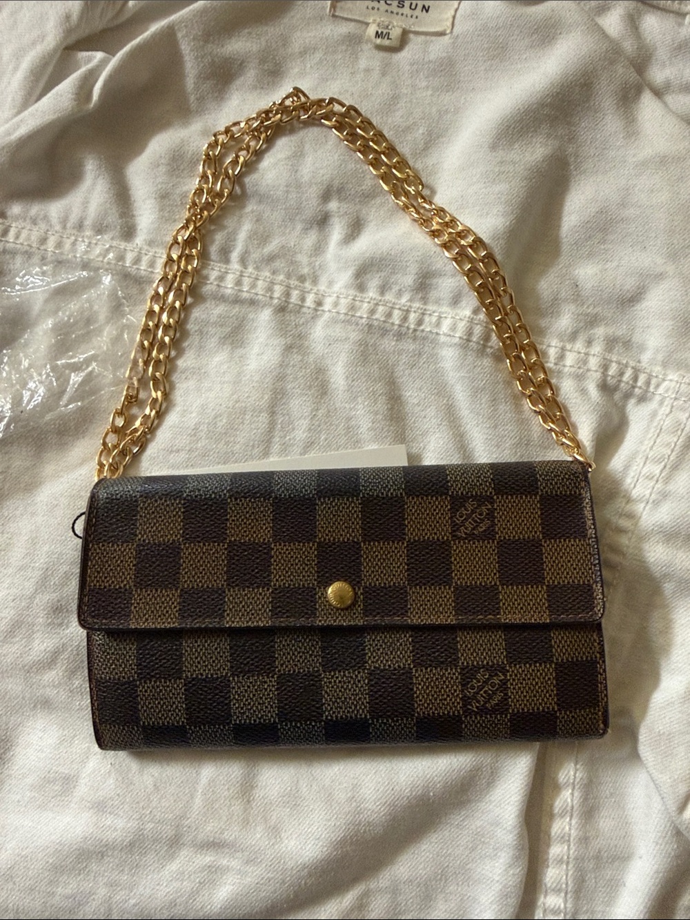 Louis Vuitton Damier Ebene Crossbody Wallet with unbranded Gold Chain .COA